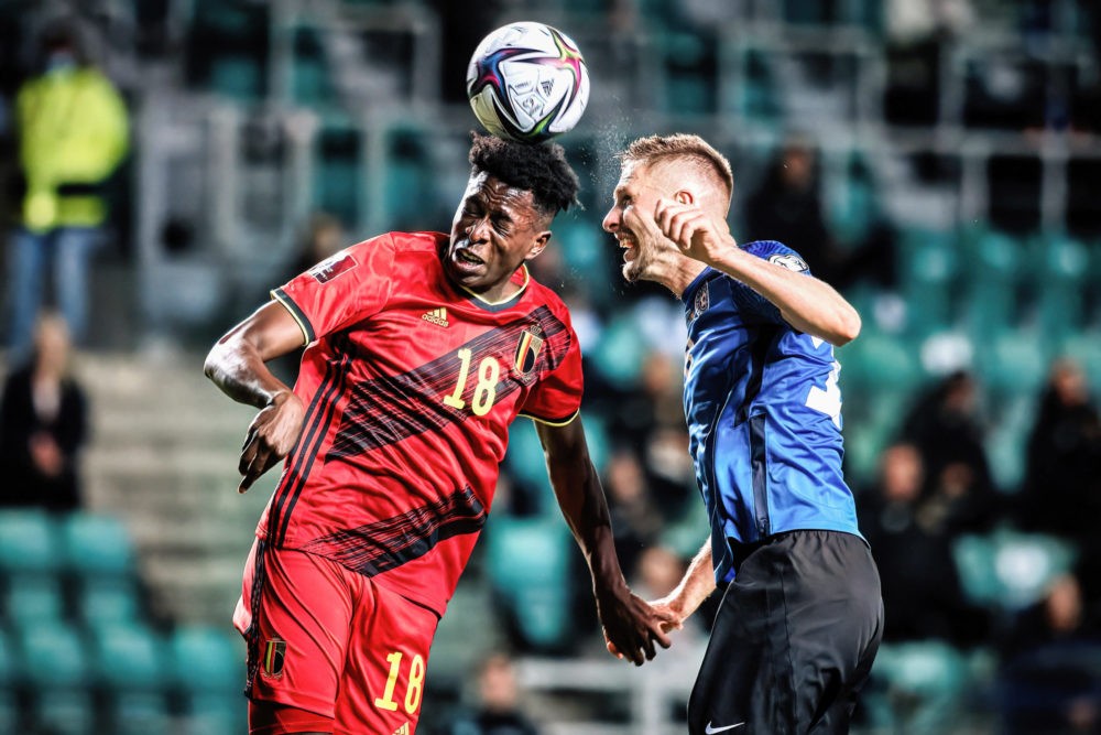 September 2, 2021: Karol Mets (R) of Estonia and Albert Sambi Lokonga (L) of Belgium are seen in action during the FIFA World Cup Qualifier game be...