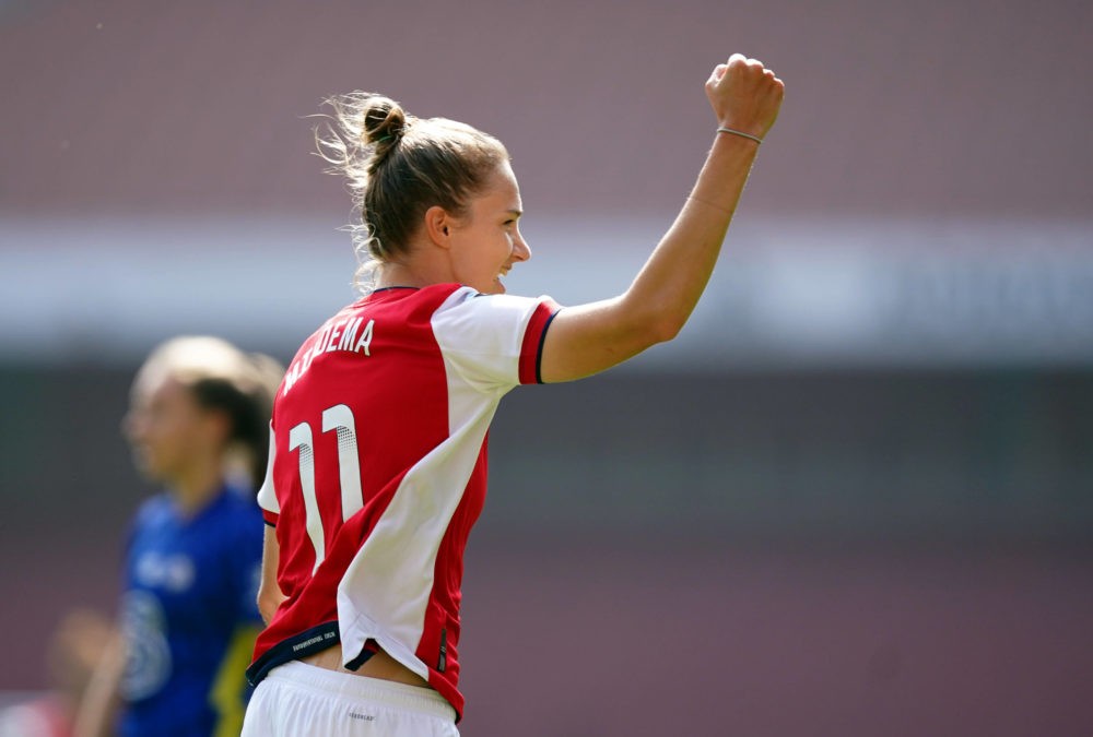 Arsenal's Vivianne Miedema celebrates scoring her side's first goal of the game during the FA Women's Super League match at the Emirates Stadium, L...