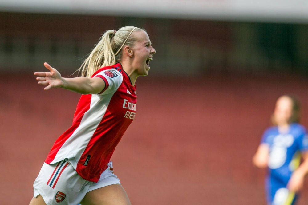 Beth Mead of Arsenal celebrates after scoring during the Barclays FA Women's Super League match between Arsenal and Chelsea at the Emirates Stadium...
