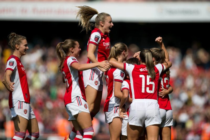 Beth Mead and the Arsenal team celebrate after scoring during the Barclays FA Women's Super League match between Arsenal and Chelsea at the Emirate...