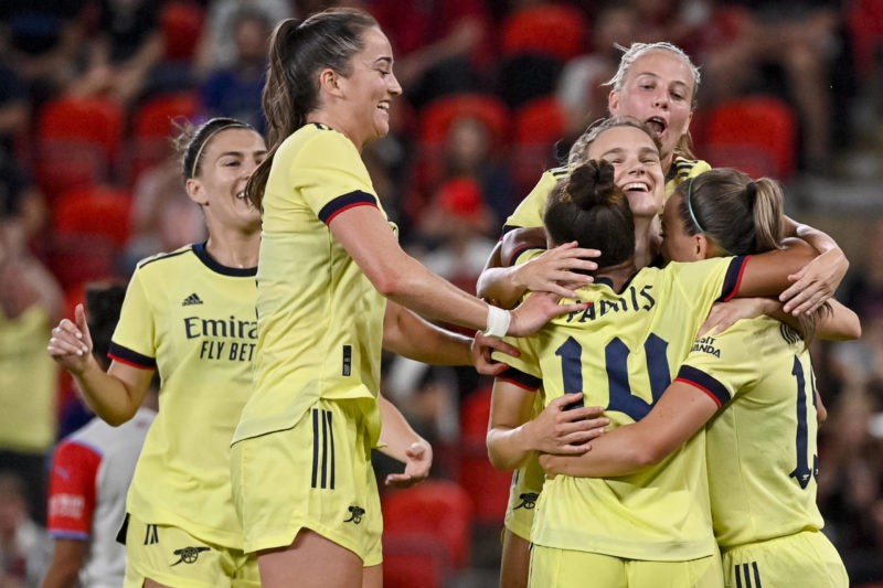 Arsenal players celebrate a goal during the UEFA Women s Champions League 2nd round match Slavia Praha vs Arsenal in Prague, Czech Republic, Septem...