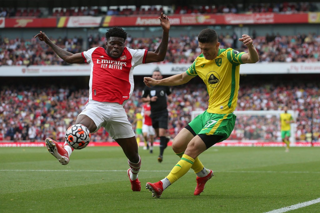 Arsenal v Norwich City Premier League Thomas Partey of Arsenal blocks a cross from Milot Rashica of Norwich during the Premier League match at the Emirates Stadium, London Copyright: Paul Chesterton