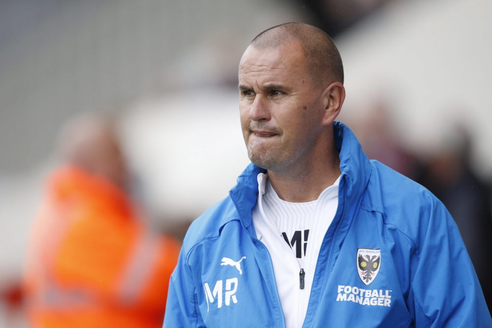 AFC Wimbledon Head Coach Mark Robinson during the EFL Sky Bet League 1 match between Morecambe and AFC Wimbledon at the Globe Arena, Morecambe, Eng...