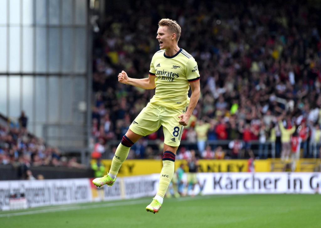 Burnley v Arsenal - Premier League - Turf Moor Arsenal s Martin Odegaard celebrates scoring their side s first goal of the game during the Premier League match at Turf Moor, Burnley. Picture date: Saturday September 18, 2021. Copyright: Anthony Devlin