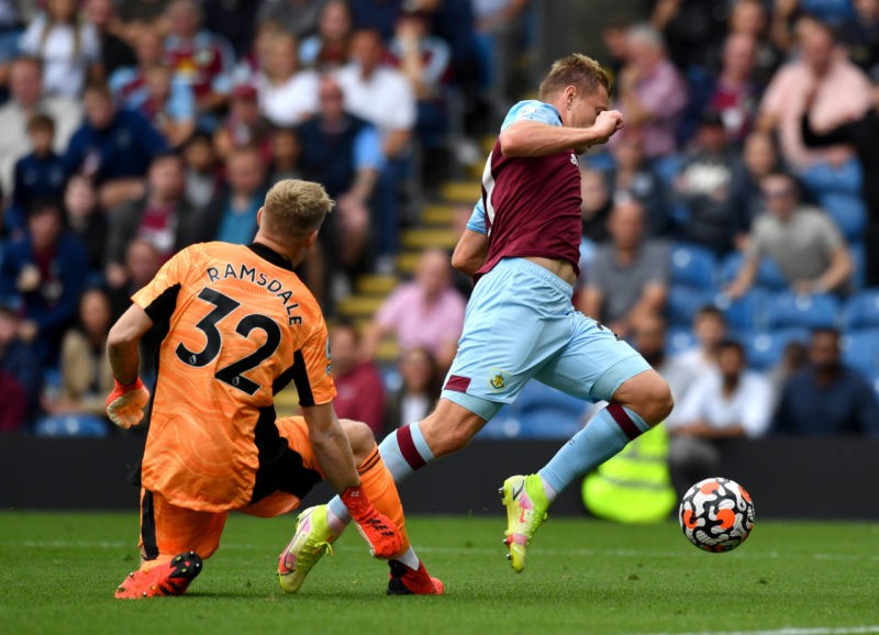 Police seeking fans from Burnley vs Arsenal match 9 Turf Moor Arsenal goalkeeper Aaron Ramsdale left and Burnley s Matej Vydra battle for the ball during the Premier League match at Turf Moor, Burnley. Picture date: Saturday September 18, 2021. Copyright: Anthony Devlin
