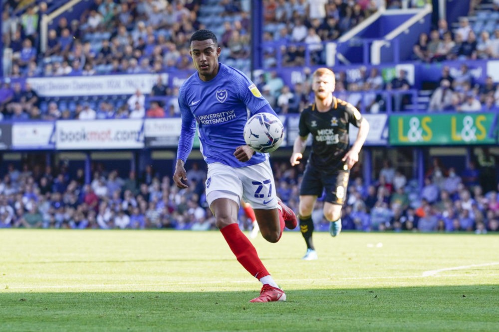 Portsmouth Miguel Azeez in action during the EFL Sky Bet League 1 match between Portsmouth and Cambridge United at Fratton Park, Portsmouth, Englan...
