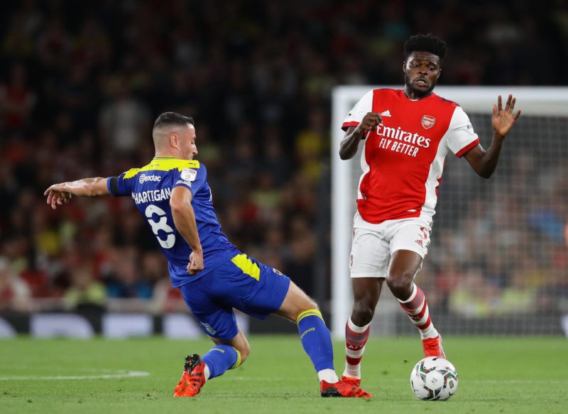 Miekl Arteta explains why Thomas Partey played vs AFC Wimbledon 2 London, England, 22nd September 2021. Thomas Partey of Arsenal tackled by Anthony Hartigan of Wimbledon during the Carabao Cup match at the Emirates Stadium, London. Picture credit should read: David Klein / Sportimage SPI-1207-0016