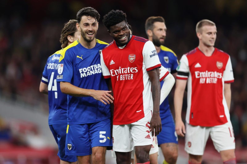 Arsenal v Wimbledon 22 September 2021, London - Carabao Cup Football - Arsenal v AFC Wimbledon - Will Nightingale of AFC Wimbledon and Thomas Parte...