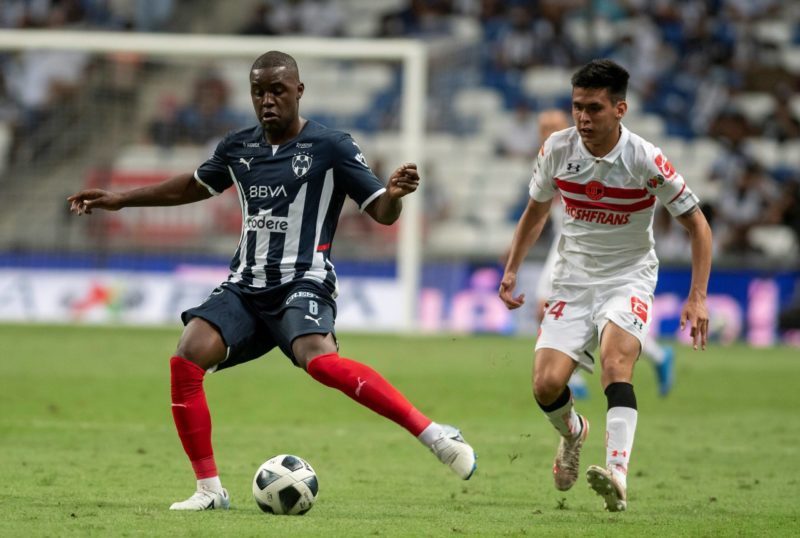 Joel Campbell i from Rayados de Monterrey disputes the ball with Jorge Rodriguez from Diablos Rojos de Toluca, during a match on journey 11 of the ...