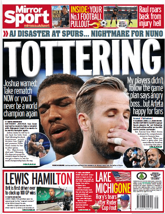 Daily Mirror back page 27 September 2021