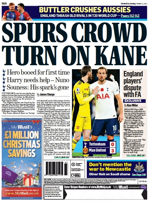 Harry Kane booed: Mail on Sunday 31 October 2021