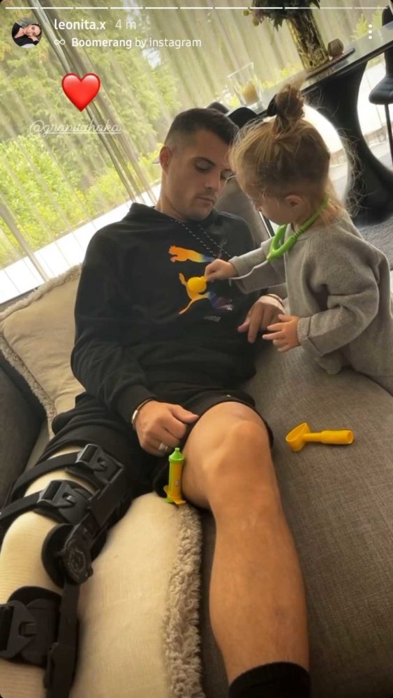 Granit Xhaka wearing protective leg gear after his injury (Photo via Leonita Xhaka on Instagram)