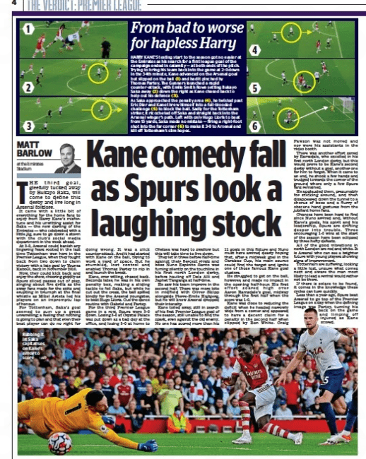"Kane comedy fall as Spurs look a laughing stock," Matt Barlow, Daily Mail, 27 September 2021
