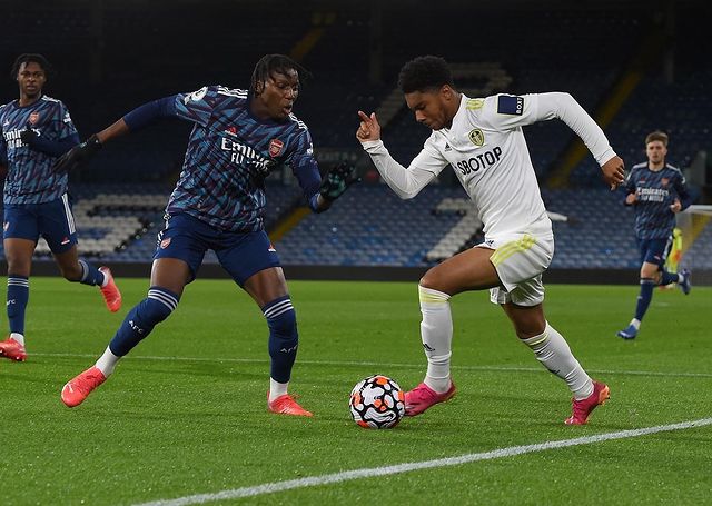 Brooke Norton-Cuffy with the Arsenal u23s vs Leeds United (Photo via Norton-Cuffy on Instagram)