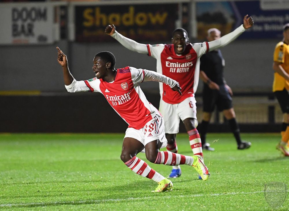 Charles Sagoe Jr celebrates scoring for the Arsenal u21s (Photo via David Price on Twitter)