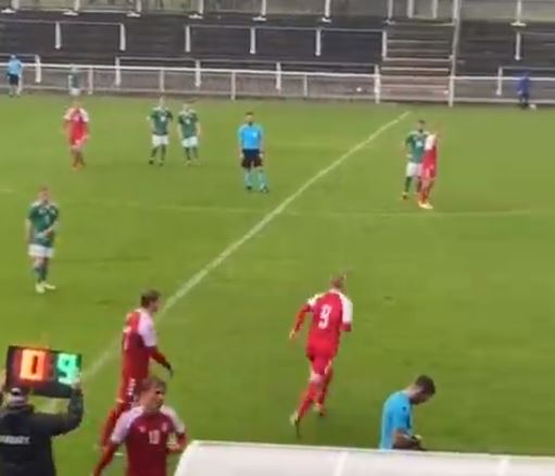 Mika Biereth coming on for the Denmark u19s against Northern Ireland (Photo via Yousuf Sajjad on Instagram)