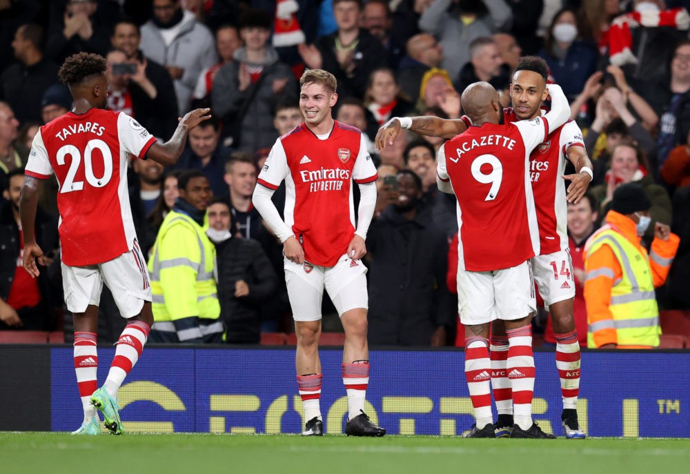 LONDON, ENGLAND: Pierre-Emerick Aubameyang of Arsenal celebrates with Alexandre Lacazette after scoring their team's second goal as Nuno Tavares an...