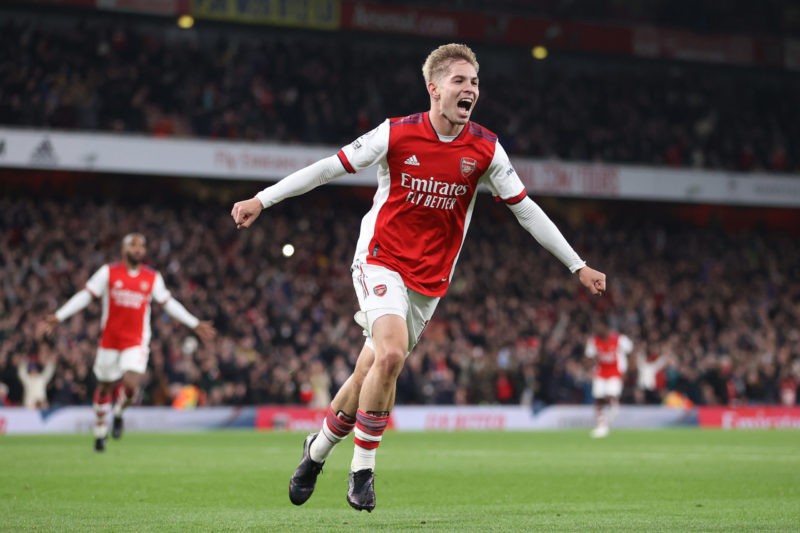 LONDON, ENGLAND - OCTOBER 22: Emile Smith Rowe of Arsenal celebrates scoring the third goal during the Premier League match between Arsenal and Ast...