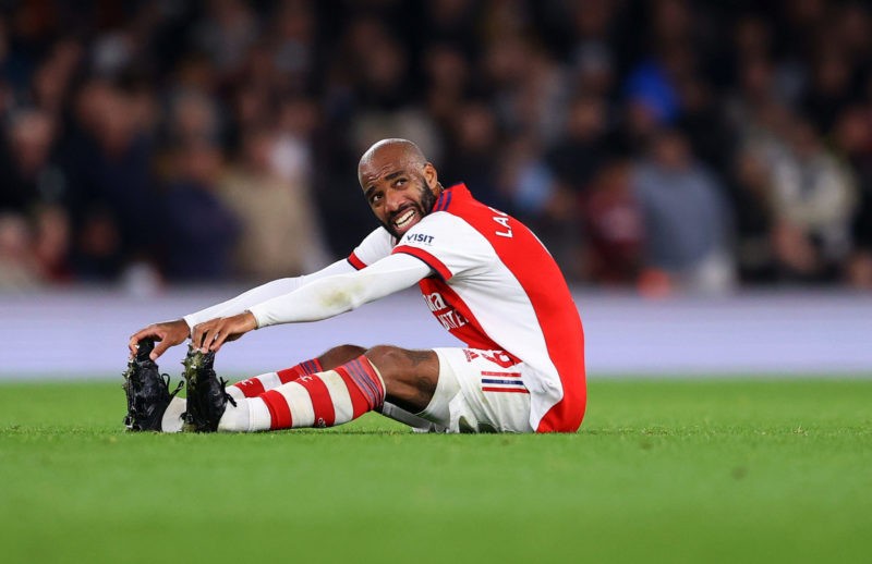 LONDON, ENGLAND - OCTOBER 22: Alexandre Lacazette of Arsenal goes down with cramp during the Premier League match between Arsenal and Aston Villa a...