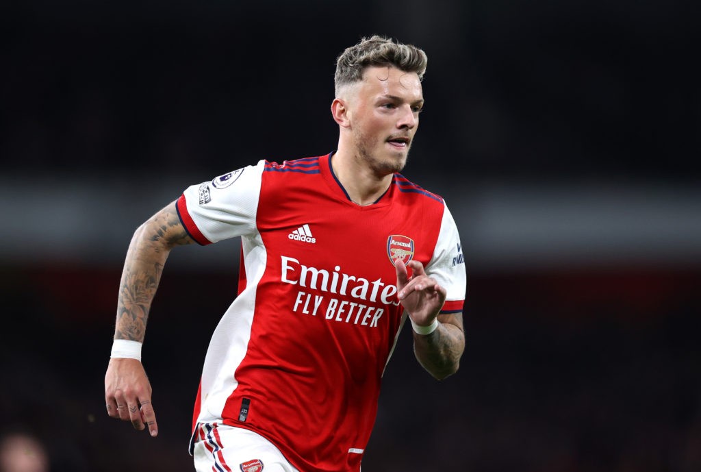 LONDON, ENGLAND: Ben White of Arsenal during the Premier League match between Arsenal and Aston Villa at Emirates Stadium on October 22, 2021. (Photo by Alex Pantling/Getty Images)