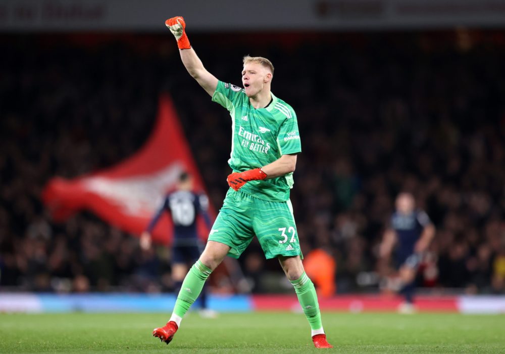 LONDON, ENGLAND: Aaron Ramsdale of Arsenal celebrates his sides third goal during the Premier League match between Arsenal and Aston Villa at Emira...