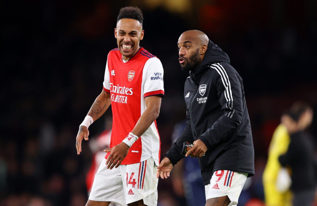 Aubameyang leaves Arsenal early for AFCON as Arteta explains why 2 LONDON, ENGLAND - OCTOBER 22: Pierre-Emerick Aubameyang and Alexandre Lacazette of Arsenal celebrate after the Premier League match between Arsenal and Aston Villa at Emirates Stadium on October 22, 2021 in London, England. (Photo by Richard Heathcote/Getty Images)