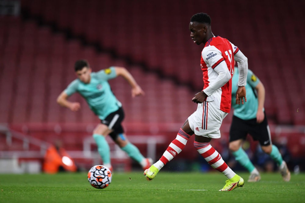 LONDON, ENGLAND: Flo Balogun of Arsenal takes a penalty which is saved by Kjell Scherpen of Brighton & Hove Albion (not pictured) during the Premie...