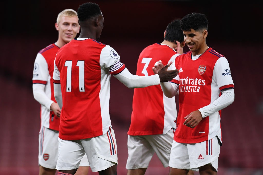 Arsenal u23s top table as Balogun stars against Leeds United 5 LONDON, ENGLAND: Flo Balogun of Arsenal celebrates with teammate Salah Oulad M'Hand after scoring the team's first goal during the Premier League 2 match between Arsenal U23 and Brighton & Hove Albion U23 at Emirates Stadium on October 01, 2021. (Photo by Alex Burstow/Getty Images)