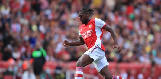 LONDON, ENGLAND: Nuno Tavares of Arsenal during the Pre Season Friendly between Arsenal and Chelsea at Emirates Stadium on August 1, 2021. (Photo by Marc Atkins/Getty Images)