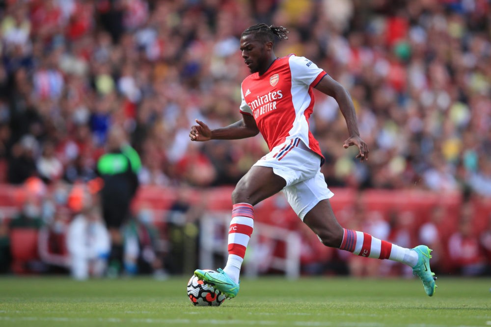 LONDON, ENGLAND: Nuno Tavares of Arsenal during the Pre Season Friendly between Arsenal and Chelsea at Emirates Stadium on August 1, 2021. (Photo by Marc Atkins/Getty Images)