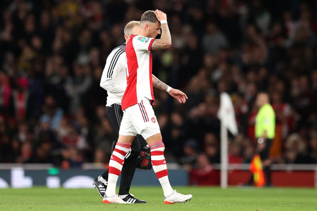 4-4-2 again: How Arsenal could line up vs Leicester City 3 LONDON, ENGLAND - OCTOBER 26: Ben White of Arsenal reacts as he leaves the pitch after being injured during the Carabao Cup Round of 16 match between Arsenal and Leeds United at Emirates Stadium on October 26, 2021 in London, England. (Photo by Alex Pantling/Getty Images)