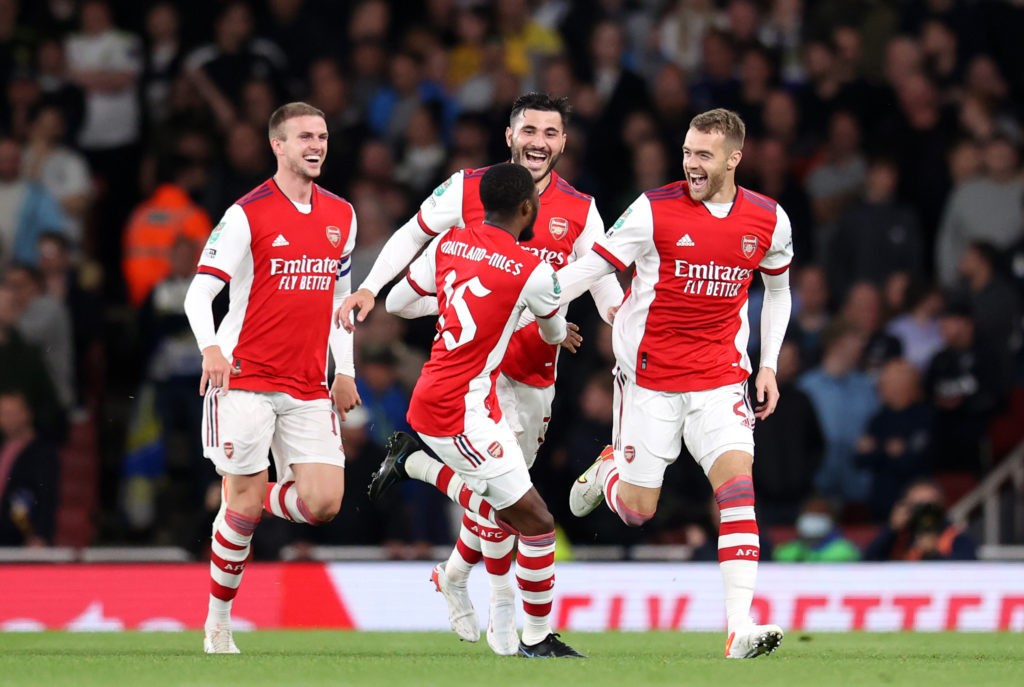 Reduced-price Calum Chambers would be good Everton addition 3 LONDON, ENGLAND: Calum Chambers of Arsenal celebrates with team mates after scoring their side's first goal during the Carabao Cup Round of 16 match between Arsenal and Leeds United at Emirates Stadium on October 26, 2021. (Photo by Alex Pantling/Getty Images)