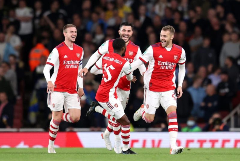 Episode 311: Arsenal's Villa Thriller as the reserves keep rolling on in the EFL cup 2 LONDON, ENGLAND: Calum Chambers of Arsenal celebrates with team mates after scoring their side's first goal during the Carabao Cup Round of 16 match between Arsenal and Leeds United at Emirates Stadium on October 26, 2021. (Photo by Alex Pantling/Getty Images)