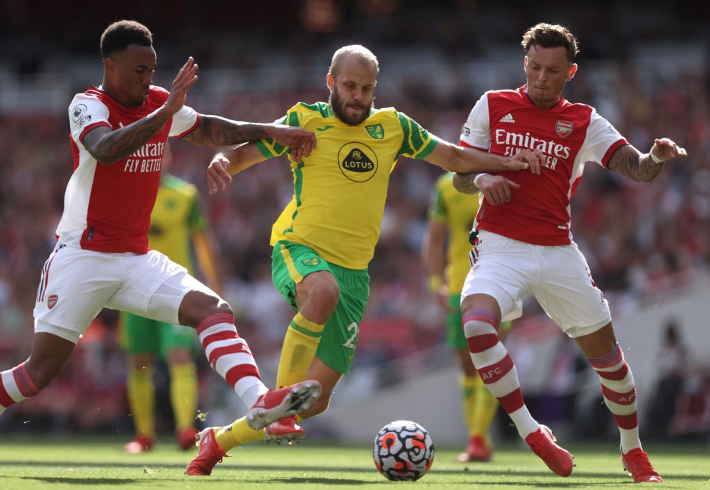Arteta impressed with Gabriel-White connection despite language barrier 2 LONDON, ENGLAND: Teemu Pukki of Norwich City is shut out by Ben White and Gabriel Magalhaes of Arsenal during the Premier League match between Arsenal and Norwich City at Emirates Stadium on September 11, 2021. (Photo by Julian Finney/Getty Images)