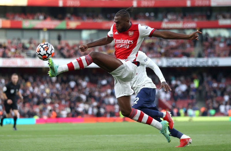 LONDON, ENGLAND - SEPTEMBER 26: Nuno Tavares of Arsenal controls the ball during the Premier League match between Arsenal and Tottenham Hotspur at Emirates Stadium on September 26, 2021 in London, England. (Photo by Julian Finney/Getty Images)