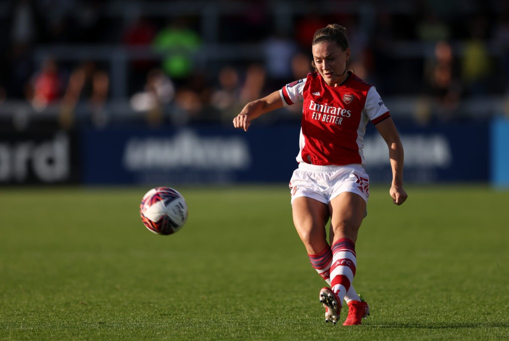 Arsenal keep their 100% record with a 3-0 win over Everton 2 BOREHAMWOOD, ENGLAND: Katie McCabe of Arsenal passes the ball during the Barclays FA Women's Super League match between Arsenal Women and Everton Women at Meadow Park on October 10, 2021. (Photo by Paul Harding/Getty Images)