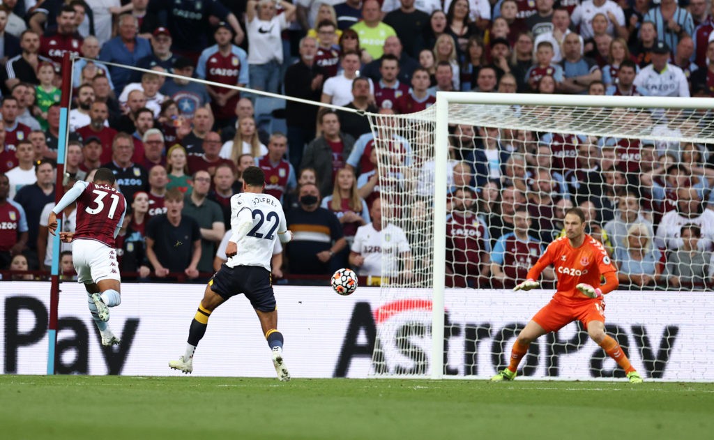BIRMINGHAM, ENGLAND: Leon Bailey of Aston Villa scores their team's third goal during the Premier League match between Aston Villa and Everton at Villa Park on September 18, 2021. (Photo by Ryan Pierse/Getty Images)