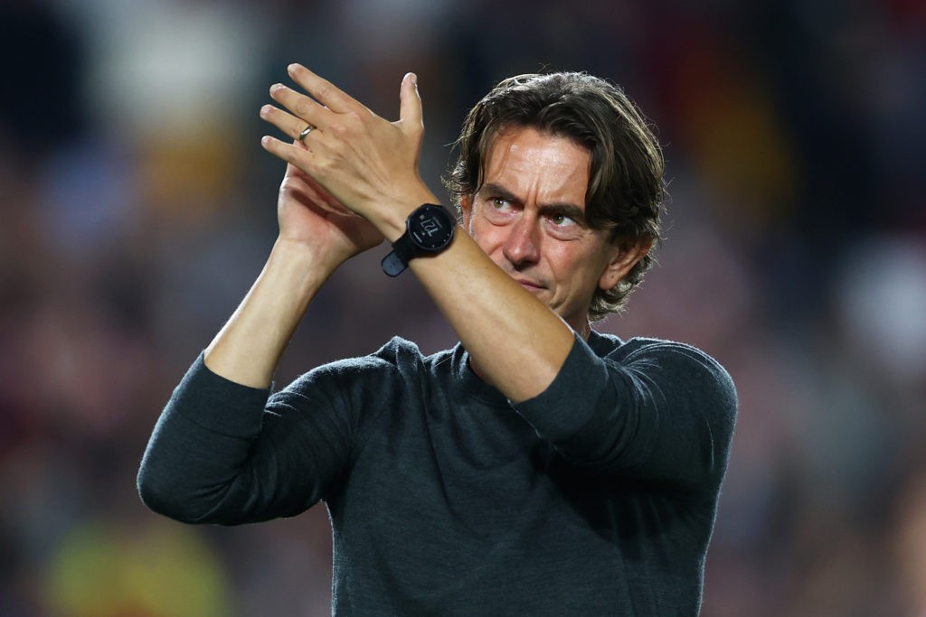 BRENTFORD, ENGLAND: Thomas Frank, Manager of Brentford acknowledges the fans following the Premier League match between Brentford and Liverpool at Brentford Community Stadium on September 25, 2021. (Photo by Clive Rose/Getty Images)