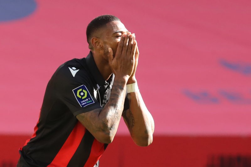 Nice's French midfielder Jeff Reine-Adelaide reacts during the French L1 football match between Nice and Saint-Etienne at the "Allianz Riviera" sta...
