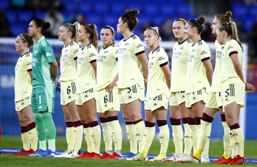 Arsenal outclassed by Barcelona in UWCL group opener 2 BARCELONA, SPAIN: The Arsenal team line up ahead of during the UEFA Women's Champions League group C match between FC Barcelona and Arsenal WFC at Estadi Johan Cruyff on October 05, 2021. (Photo by Eric Alonso/Getty Images)