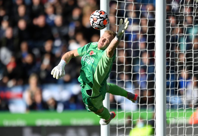 LEICESTER, ENGLAND - OCTOBER 30: Aaron Ramsdale of Arsenal makes a save during the Premier League match between Leicester City and Arsenal at The K...