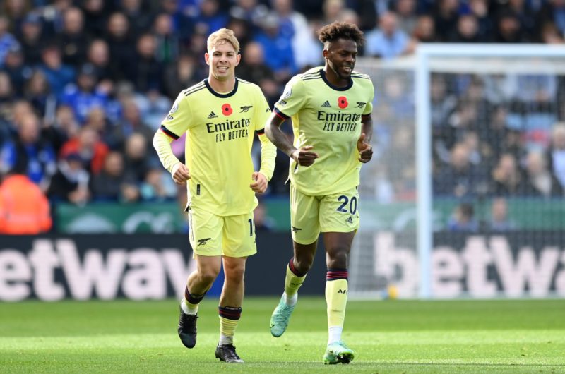 LEICESTER, ENGLAND - OCTOBER 30: Emile Smith Rowe celebrates with teammate Nuno Tavares of Arsenal after scoring their team's second goal during th...
