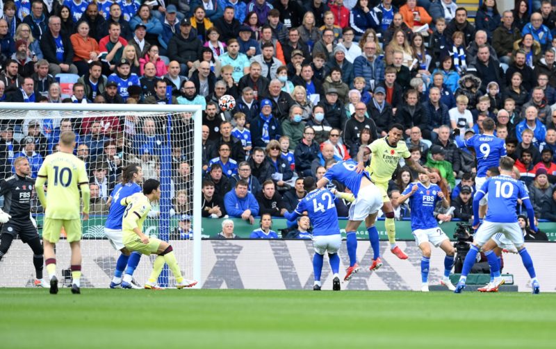 LEICESTER, ENGLAND - OCTOBER 30: Gabriel Magalhaes of Arsenal scores their team's first goal during the Premier League match between Leicester City...