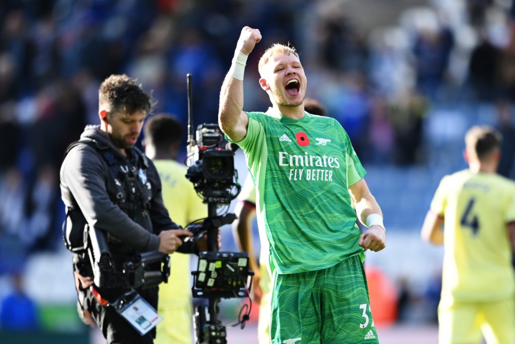 Brother explains why Ramsdale celebrated in front of Wolves fans 2 LEICESTER, ENGLAND - OCTOBER 30: Aaron Ramsdale of Arsenal acknowledges the fans after his sides victory in the Premier League match between Leicester City and Arsenal at The King Power Stadium on October 30, 2021 in Leicester, England. (Photo by Michael Regan/Getty Images)