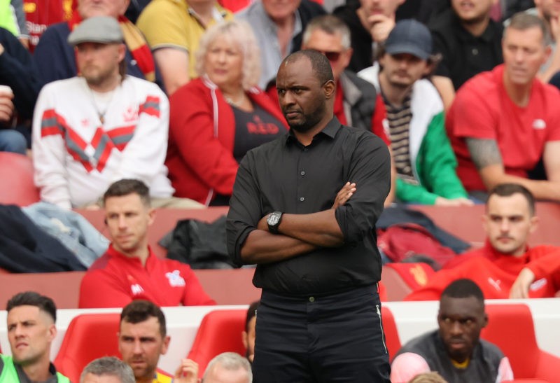 LIVERPOOL, ENGLAND - SEPTEMBER 18: Patrick Vieira, Manager of Crystal Palace looks on during the Premier League match between Liverpool and Crystal Palace at Anfield on September 18, 2021 in Liverpool, England. (Photo by Clive Brunskill/Getty Images)