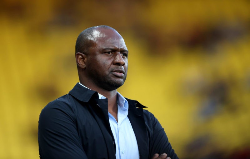 WATFORD, ENGLAND - AUGUST 24: Patrick Vieira the manager of Crystal Palace during the Carabao Cup second round match between Watford and Crystal Pa...