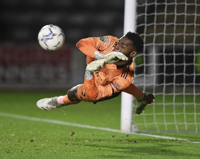 Arthur Okonkwo saving a penalty against Plymouth Argyle (Photo via Arete on Twitter)