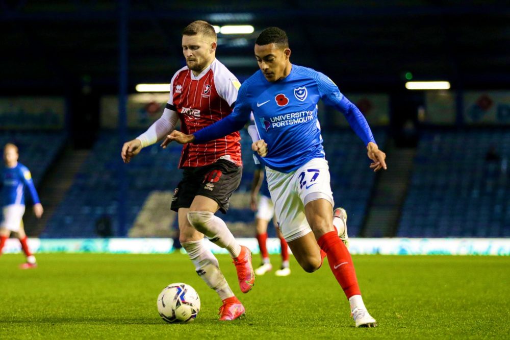 Miguel Azeez playing for Portsmouth (Photo via Azeez on Twitter)