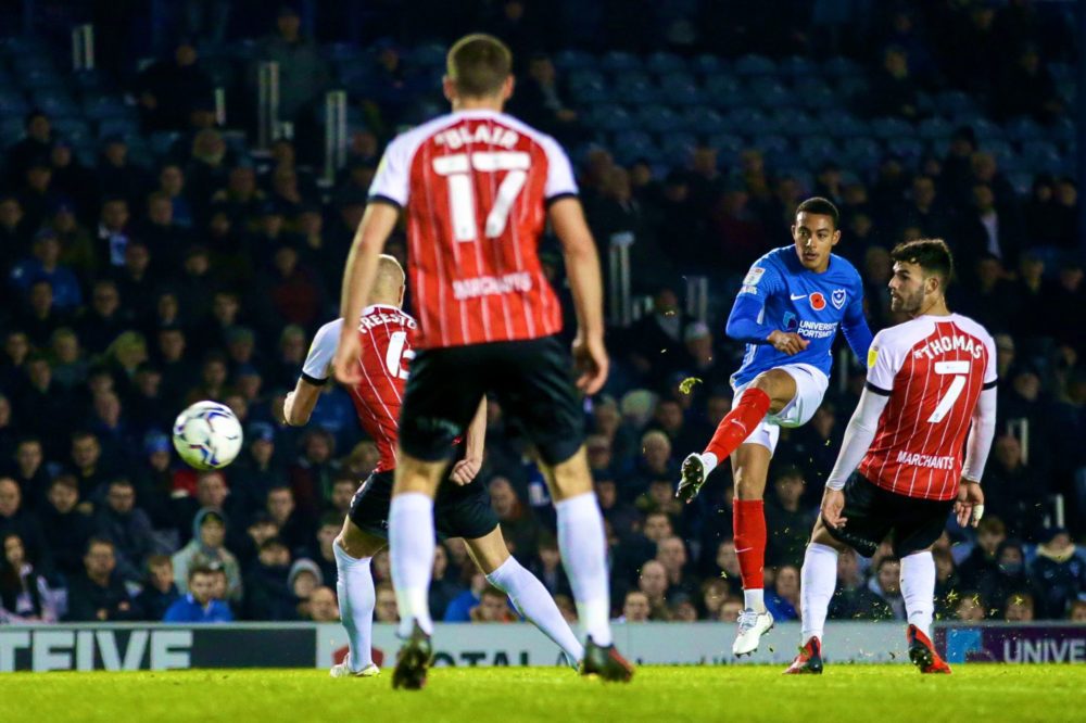 Miguel Azeez playing for Portsmouth (Photo via Azeez on Twitter)