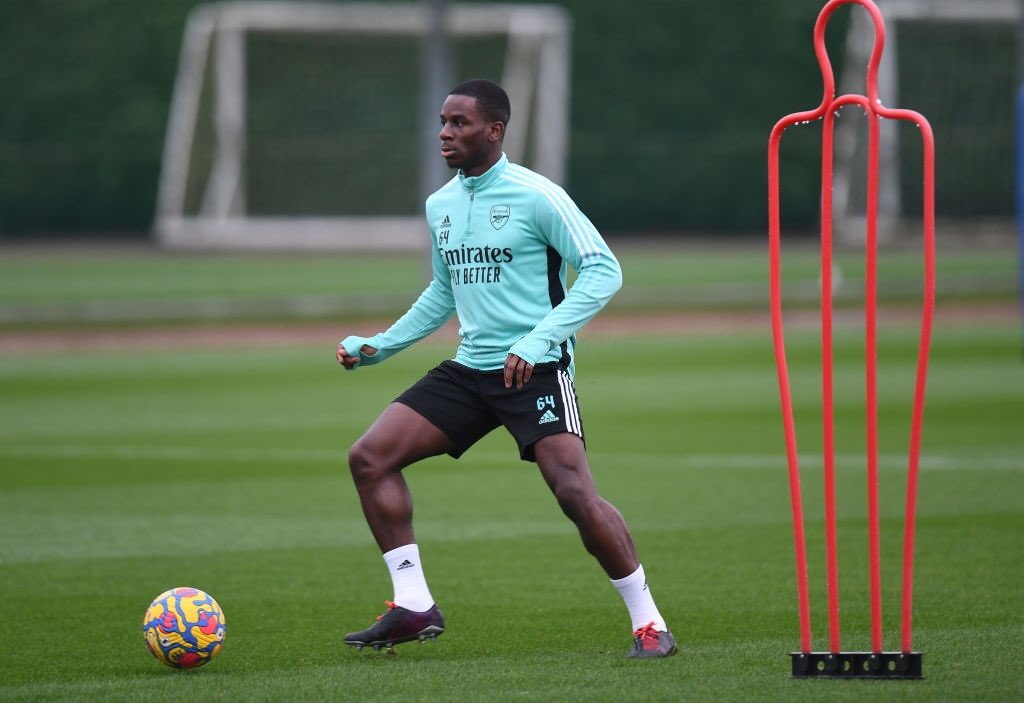 Jordi Osei-Tutu in training with the Arsenal first-team (Photo by Stuart MacFarlane / Arsenal FC via Getty Images)